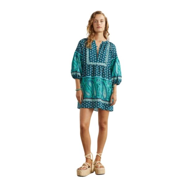 NWT Boteh Elba Mini Dress Womens 4 XL Green Paisley Linen V-Neck 3/4 Sleeve NEW